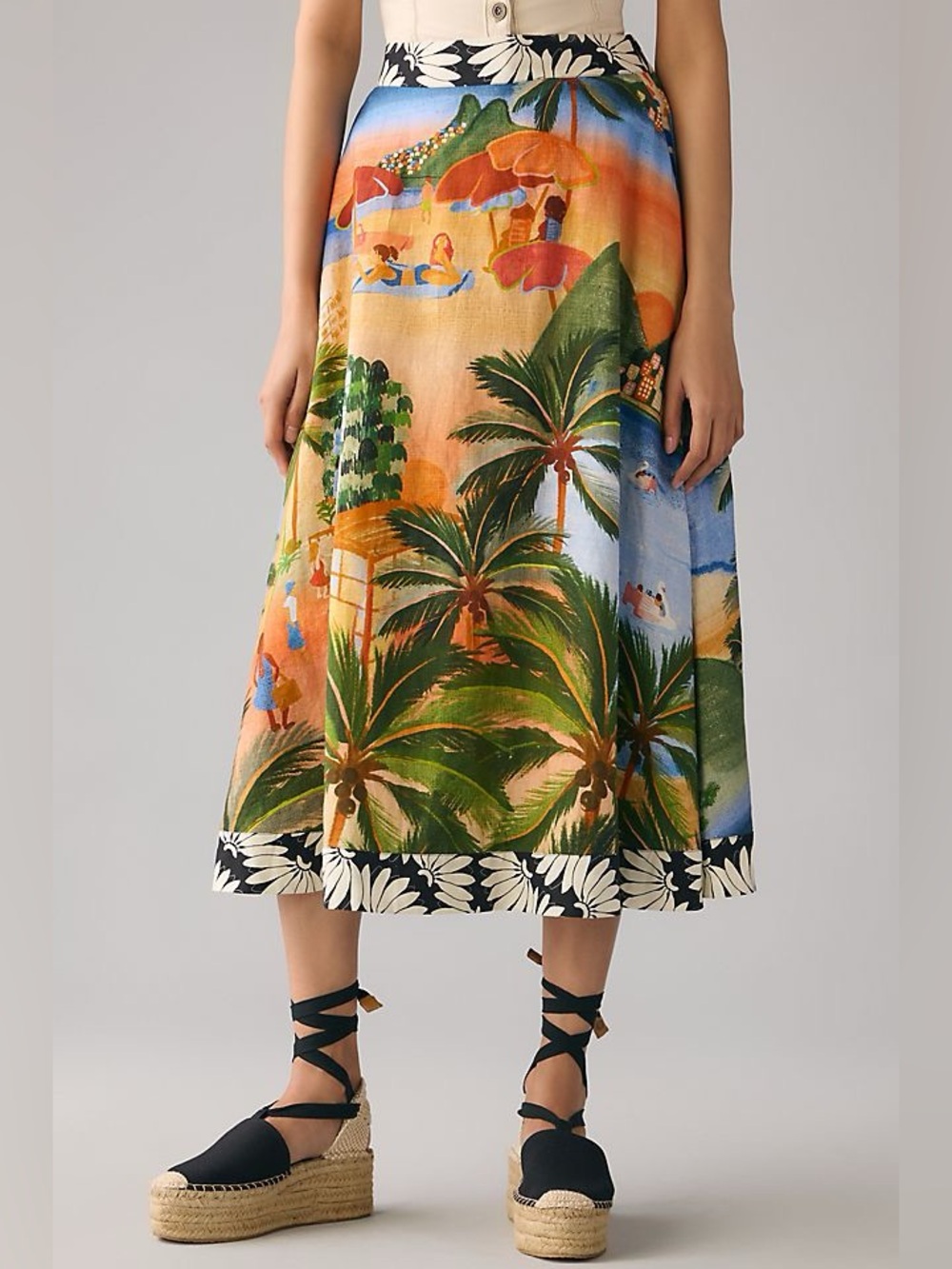 Farm Rio Carioca Midi Skirt Sz S Beach scene - Picture 3 of 8